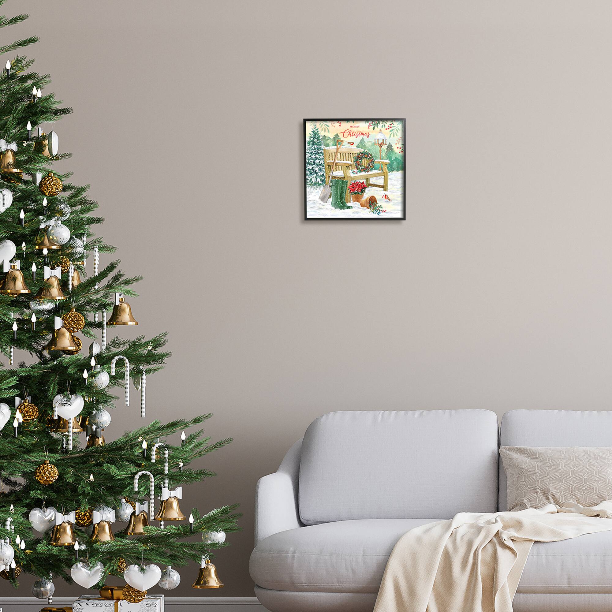 Stupell Industries Merry Christmas Winter Bench Framed Giclee Art